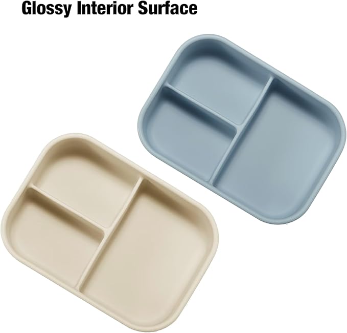 PandaEar 2 Pack Silicone Bento Lunch Box for Toddlers Kids, 3-Compartment Lunch Containers, Leak-Proof & BPA-Free, Microwave & Dishwasher Safe (Blue & Beige)