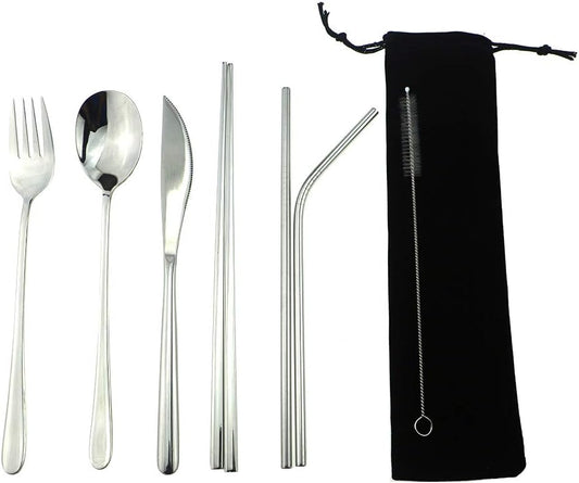 7 Pcs Portable Flatware Set, 304 Stainless Steel Cutlery Set Travel Utensils Set w/Pouch Fork Spoon Chopsticks Straws for Travel Camping Office School, Dishwasher Safe & Eco-Friendly (Silver)