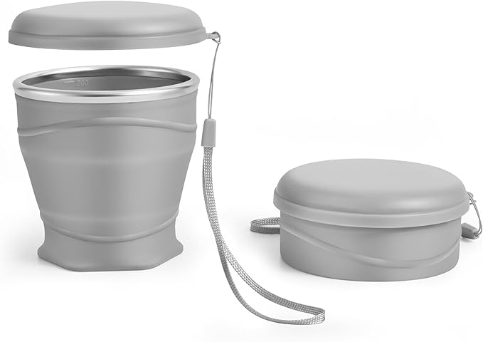 Silicone Collapsible Travel Cup with Dustproof Lid, 8.8 Oz/260ml, BPA-Free, Portable, Reusable for Camping, Picnic, Travel, Office (Gray)