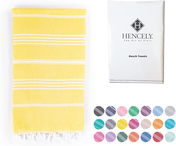 Hencely Turkish Beach Towel 37x68 Oversized, Sand-Free, Quick-Dry, Lightweight - Travel Essential for Pool & Bath - Striped 100% Cotton Bathroom Towels Accessories Gift (Yellow)