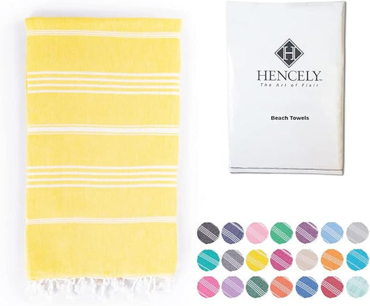 Hencely Turkish Beach Towel 37x68 Oversized, Sand-Free, Quick-Dry, Lightweight - Travel Essential for Pool & Bath - Striped 100% Cotton Bathroom Towels Accessories Gift (Yellow)