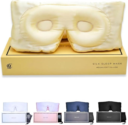 QUIET COVE Plush 3D Contoured Silk Sleep Mask - Total Blackout, 100% Silk 22 Momme, Foam Eye Cups Do Not Crush Eyelashes, Luxe Cloud Filling, Side Sleeping Comfort (Limited Edition Moonlight Yellow)