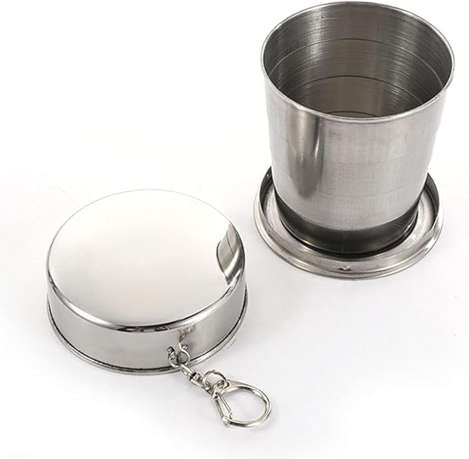 1Pc Silver Stainless Steel Folding Camping Mug Collapsible Portable Cup with Keychain for Outdoor Activities Hiking Picnic(Large), Camp Kitchen