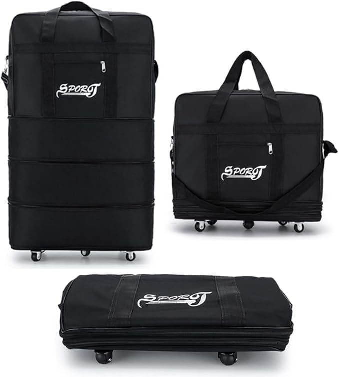 M Size Expandable Travel Oxford Duffel Bag with Wheels Waterproof Lightweight Traveling Foldable Suitcase (Black)