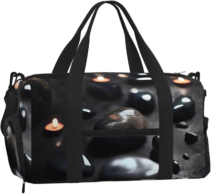 Black Mystery Heart Stone Print Gym Bag with Shoe Compartment for Women Men, 17.7in Sports Duffle Weekender Tote, Overnight Travel Duffel Bag Carry On