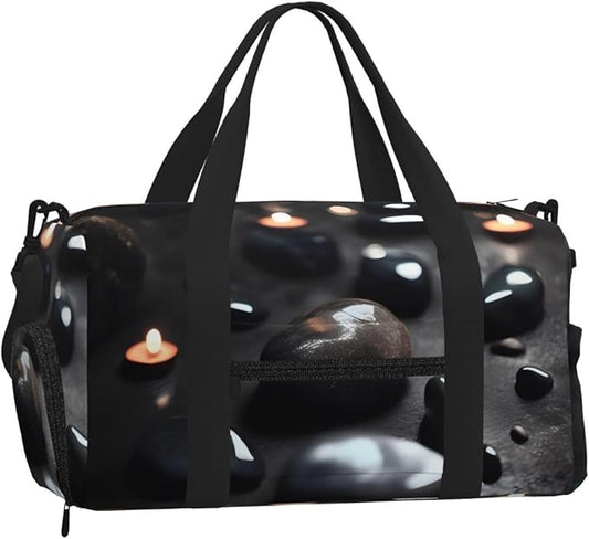 Black Mystery Heart Stone Print Gym Bag with Shoe Compartment for Women Men, 17.7in Sports Duffle Weekender Tote, Overnight Travel Duffel Bag Carry On