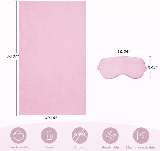 Travel Blanket, Airplane Blanket, Ultra-Soft, Warm & Lightweight, 65x40 in, Outdoor Blanket Essentials for Women, Men & Kids, Included Eye Mask, Luggage Sleeve & Backpack Clip Pink