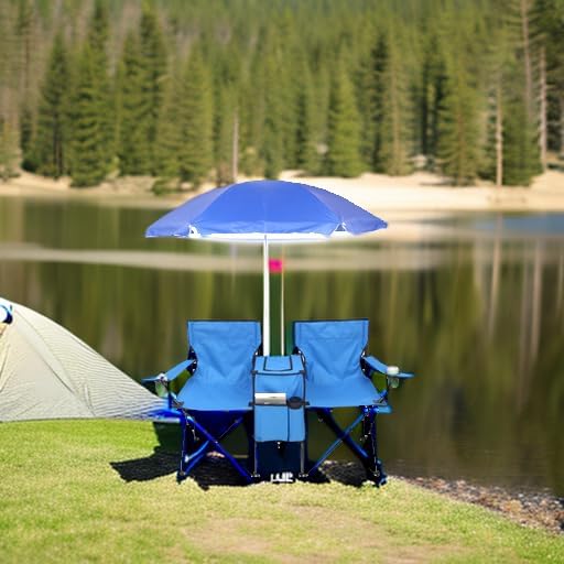 Outvita Folding Double Camping Chair w/Umbrella Beverage Holder Carrying Bag Cooler Fold Up Table, Large Bearing Capacity for Beach Patio Pool Park Outdoor Blue