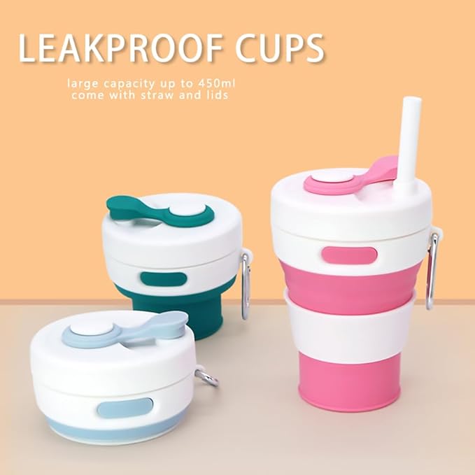 Collapsible Camping Cup with Straw Silicone Folding Coffee Cup Sport Bottle Portable Travel Outdoor Car 16oz 20oz (pink)