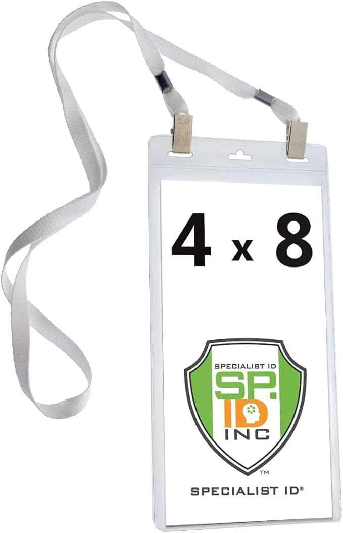 5 Pack - Extra Large 4 x 8 Inch Ticket & Event Credential Badge Holders with No Twist Double Sided Lanyards with Two Bulldog Clips, by Specialist ID (White)