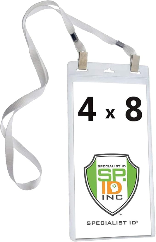 5 Pack - Extra Large 4 x 8 Inch Ticket & Event Credential Badge Holders with No Twist Double Sided Lanyards with Two Bulldog Clips, by Specialist ID (White)