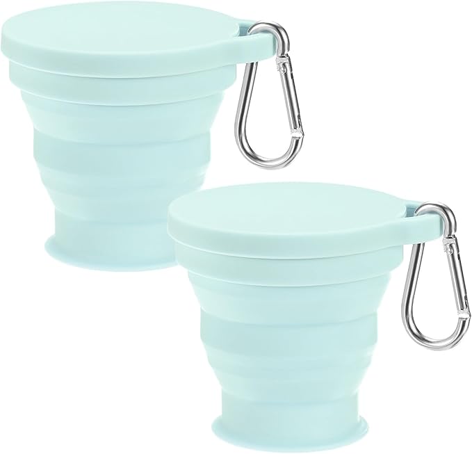 2 Pack Collapsible Travel Cup, 6oz(180ml) Silicone Portable Foldable Water Cup Bottle with Spring Buckle for Travel/Camping/Hiking, Reusable [Blue]