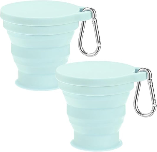 2 Pack Collapsible Travel Cup, 6oz(180ml) Silicone Portable Foldable Water Cup Bottle with Spring Buckle for Travel/Camping/Hiking, Reusable [Blue]