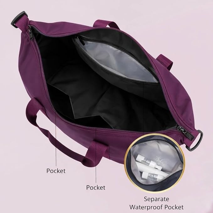J&G Waterproof Gym Duffel Bag – Lightweight Travel & Sports Bag with Shoe Compartment and Wet Pocket for Men & Women – Carry-On Weekender for Gym, Beach, Trips – 8 Colors (Purple)