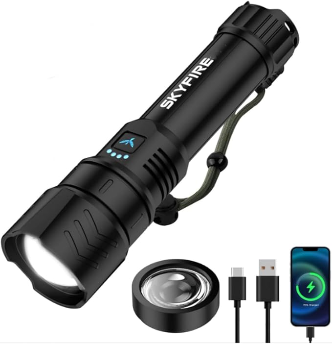 SKYFIRE Rechargeable Flashlights High Lumens with Ignition Lens,5000mAh Super Bright Flashlight Waterproof LED Tactical Flash Light for Camping Essentials Outdoor Home&Gifts