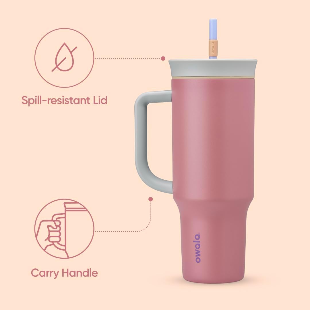Owala Stainless Steel Triple Layer Insulated Travel Tumbler with Spill Resistant Lid, Straw, and Carry Handle, BPA Free, 40 oz, Dusty Pink (Yoga Rose)