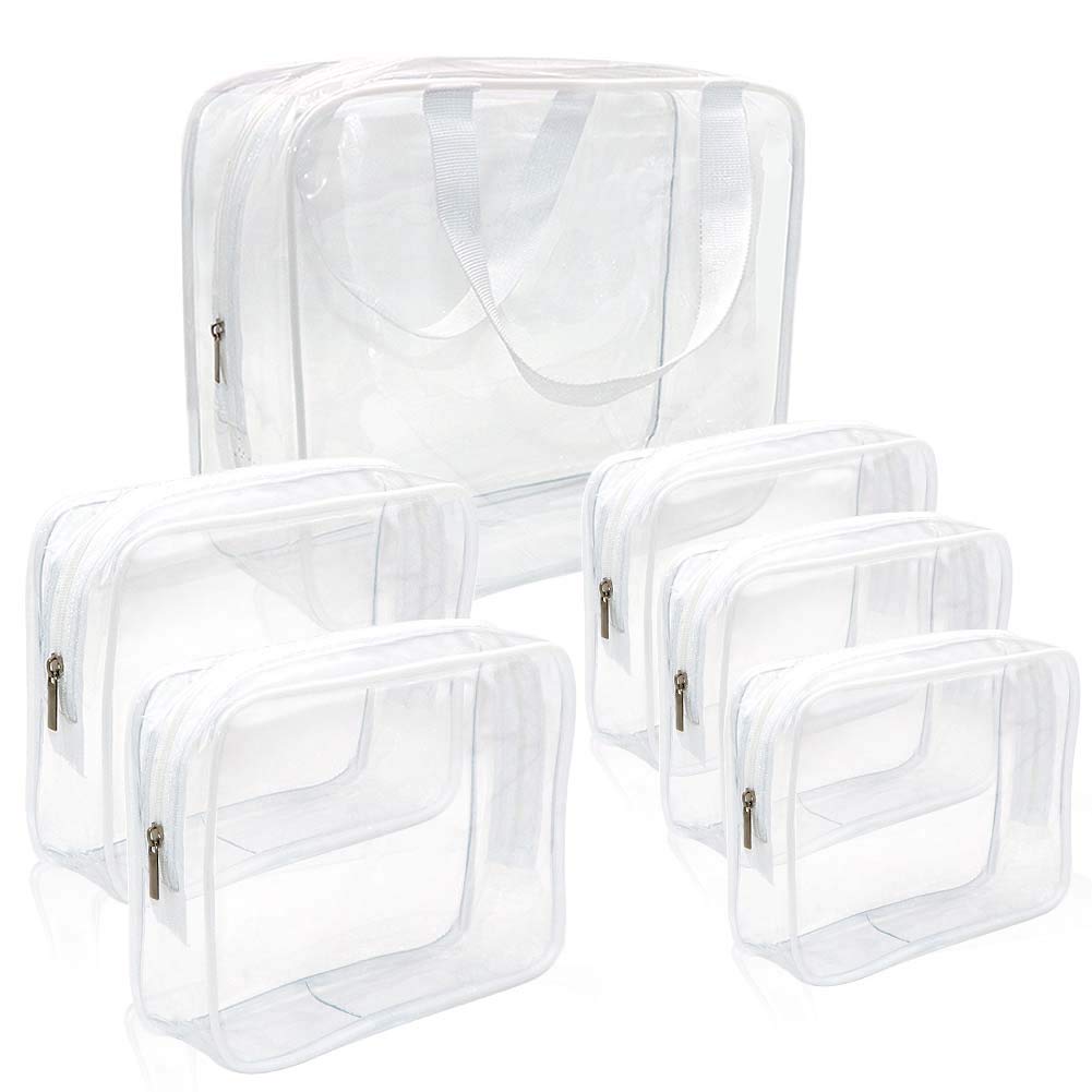 APREUTY Clear Makeup Bags, TSA Approved 6Pcs Cosmetic Makeup Bags Set Clear PVC with Zipper Handle Portable Travel Luggage Pouch Airport Airline Organization (White)