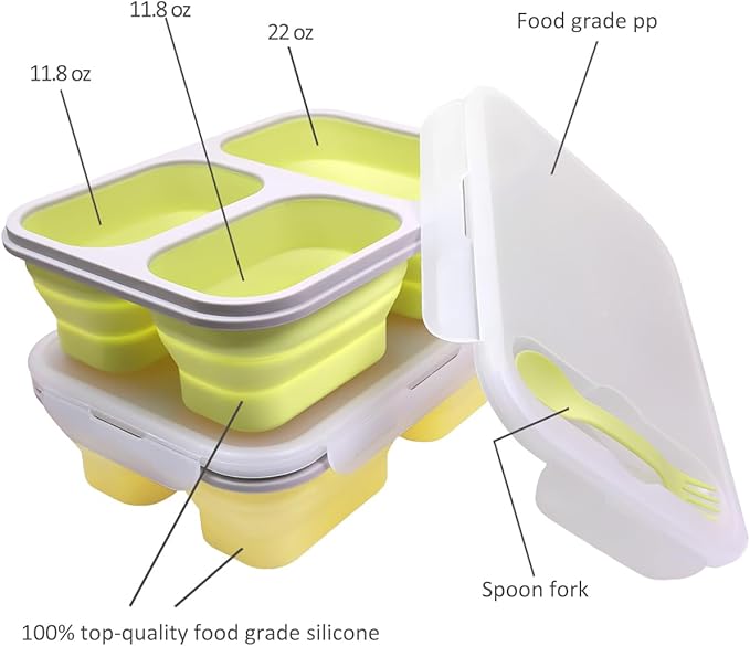 2 Pack Big Collapsible Silicone Bento Lunch Boxes With Lids spoons forks,3 Compartments, Divided Lunch Food Storage Containers, Safe in Microwave, Dishwasher and Freezer, 45.6oz (Yellow+Green)