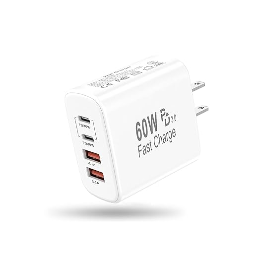 USB C Charger Block,60W 4-Port USB C Wall Charger iPhone Charger Fast Charging PD Power Adapter+QC Wall Plug Multiport Type C Brick Chargers for iPhone 17 16 15 14 13 12 11 Pro Max XS,Samsung