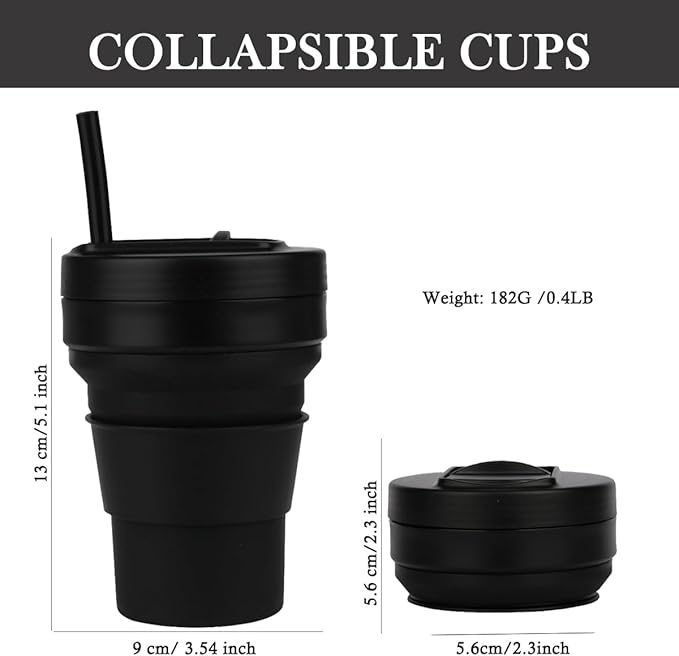 Collapsible Travel Cups- Food Grade Silicone Coffee Cups with Straw Lid 350ml 12oz Lightweight