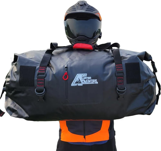 Motorcycle Waterproof Duffel Bag With Tie Down Straps, Marine Grade (60 Liter/15.8 Gallon, Rocky Series, Black)