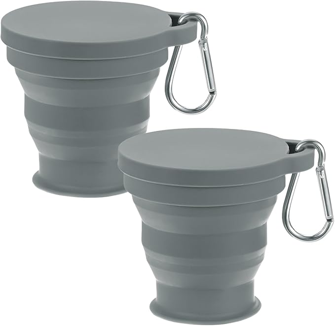2 Pack Collapsible Travel Cup, 6oz(180ml) Silicone Portable Foldable Water Cup Bottle with Spring Buckle for Travel/Camping/Hiking, Reusable [Dark Gray]