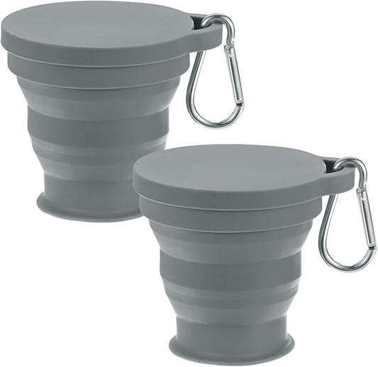 2 Pack Collapsible Travel Cup, 6oz(180ml) Silicone Portable Foldable Water Cup Bottle with Spring Buckle for Travel/Camping/Hiking, Reusable [Dark Gray]