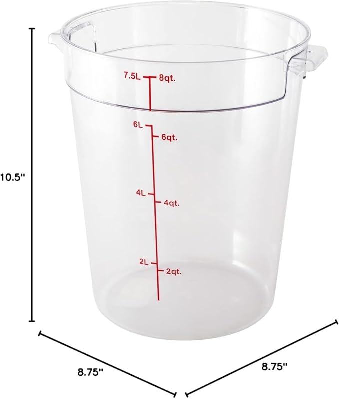 Restaurantware Met Lux 8 Quart Food Storage Containers 10 Round Commercial Storage Containers - Lids Sold Separately With Volume Markers Clear Plastic Food Prep Buckets Space-Saving Storage