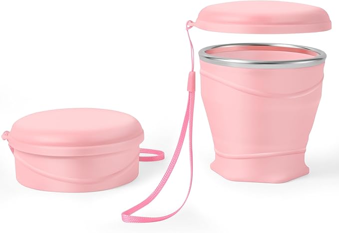 8.8oz/260ml Collapsible Silicone Cup with Lid,BPA-Free,304 Stainless Steel Rim,Portable Cup for Travel,Camping, Hiking,Outdoor Sports (Pink)