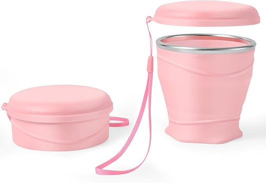 8.8oz/260ml Collapsible Silicone Cup with Lid,BPA-Free,304 Stainless Steel Rim,Portable Cup for Travel,Camping, Hiking,Outdoor Sports (Pink)