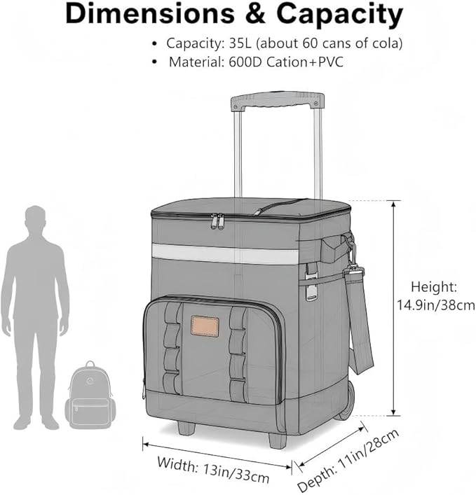 Insulated Rolling Cooler with Wheels - Soft Leak Proof Ice Chest for Camping, Travel and Lunch - Portable Wheeled Advanced Insulation