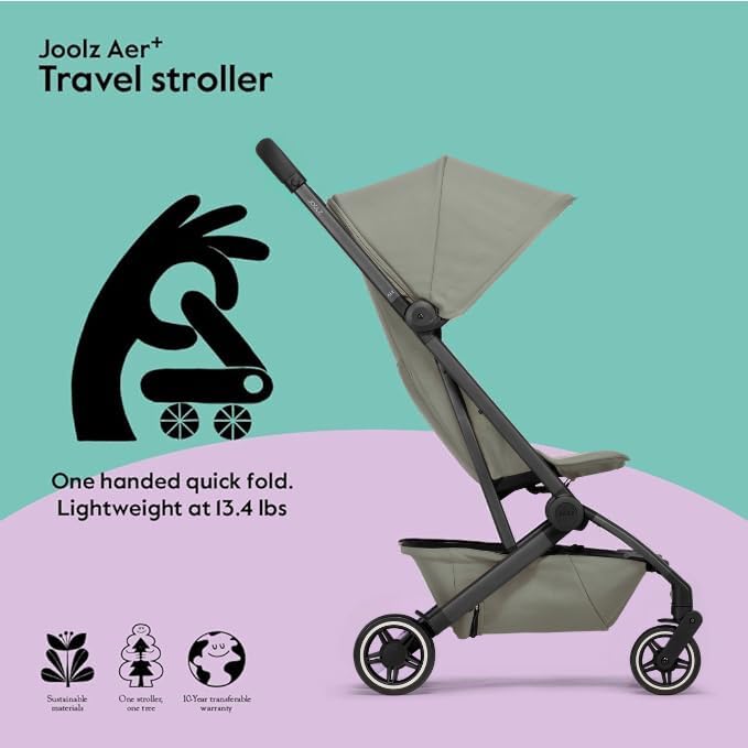 Joolz AER+ Lightweight & Compact Travel Stroller - Portable One-Hand Fold Design - Ergonomic Seat for Infant & Toddler (up to 50 lb) - XXL Sun Hood - Stroller for Airplane -Travel Pouch- Sage Green