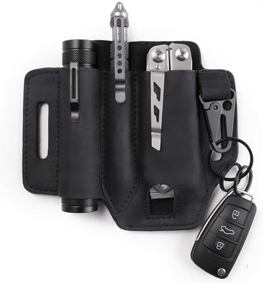 Gentlestache Multitool Sheath for Belt, Leather EDC Pocket Organizer for Men, Leatherman Sheath with Pen Holder, Key Fob, Flashlight Sheath, EDC Leather Pouch Black