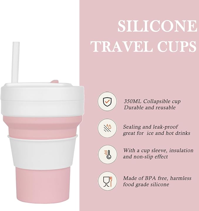 Collapsible Travel Cups- Food Grade Silicone Coffee Cups with Straw Lid 350ml 12oz Lightweight