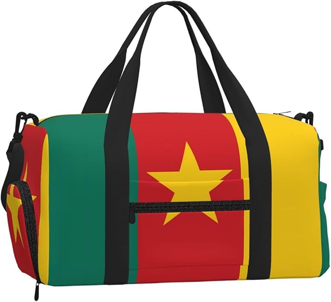 Flag of Cameroon Print Gym Bag with Shoe Compartment for Women Men, 17.7in Sports Duffle Weekender Tote, Overnight Travel Duffel Bag Carry On