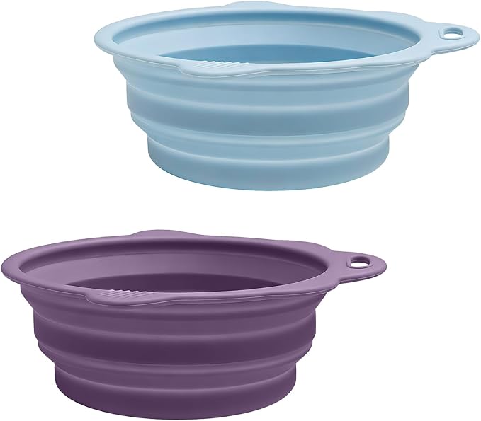 Collapsible Dog Bowls 2 Pack, Silicone Dog Bowl for Small Dogs, Dog Travel Bowl with a Lanyard Hole, Puppy Bowls for Water and Food, Travel Pet Bowls Blue & Purple, 11.3oz × 2