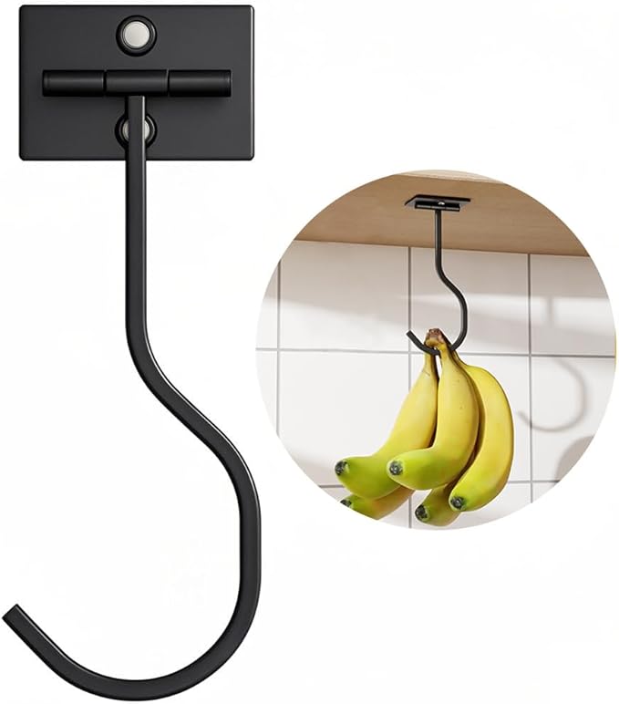 Under Cabinet Banana Hook Foldable - Adhesive Bananas Hanger, Heavy Duty Stainless Banana Holder (13lb), Magnetic Fold-Up When Not in Use, Premium Material, Black