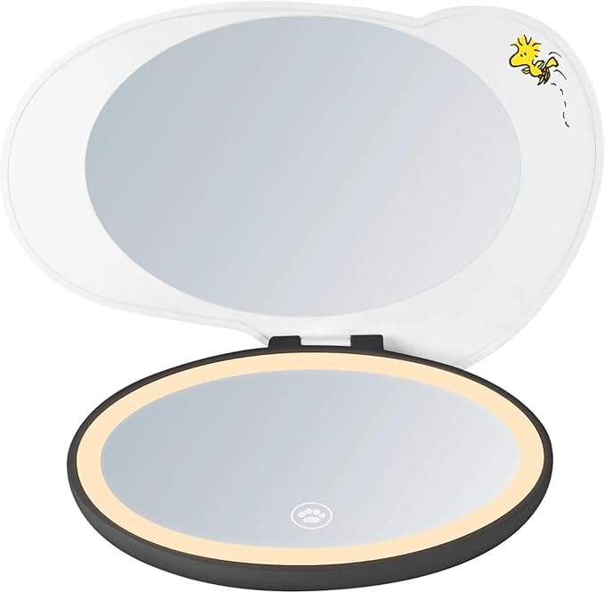 Impressions Vanity Peanuts SNOOPY LED Compact Mirror with Top 3x Magnified Mirror, Peanuts SNOOPY Figural Shape Makeup Mirror with Adjustable Tri Tone Brightness, Soft Touch Sensor Small Vanity Mirror