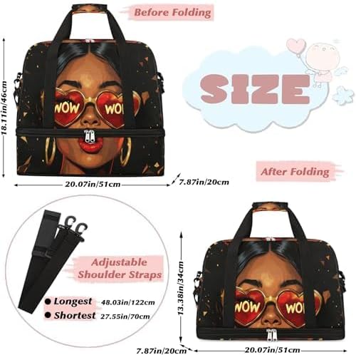 Foldable Travel Duffel Bag for Women - Carry on Personal Item Bag with Shoes Compartment, Weekender Overnight Duffle Bags Sport Tote Gym Luggage for Airplanes(Black Women Wow)