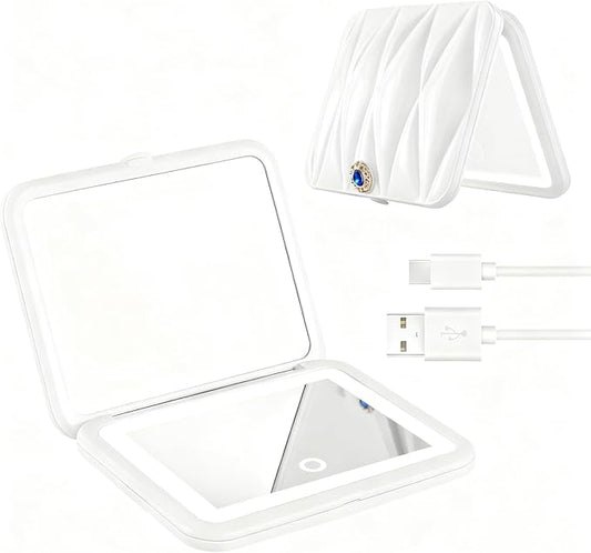 1X/5X Magnification LED Travel Makeup Mirror, Rechargeable Travel Mirror with Light, Portable Pocket-Sized Folding Design Ideal Gift for Travel & Daily Use