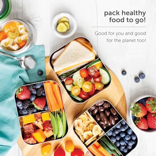 LunchBots Medium Trio II Snack Container - Divided Stainless Steel Food Container - Three Sections for Snacks On the Go - Eco-Friendly, Dishwasher Safe, BPA-Free - Stainless Lid - Blue Dots
