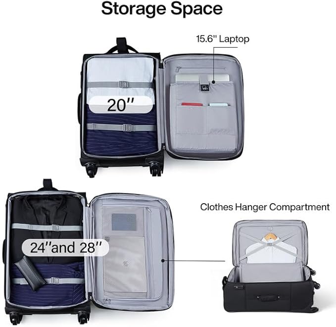 Hanke 24 inch Softside Expandable Luggage with Spinner Wheels, Medium Size Suitcase Checked Luggage Travel Luggage Rolling Suitcase,Black