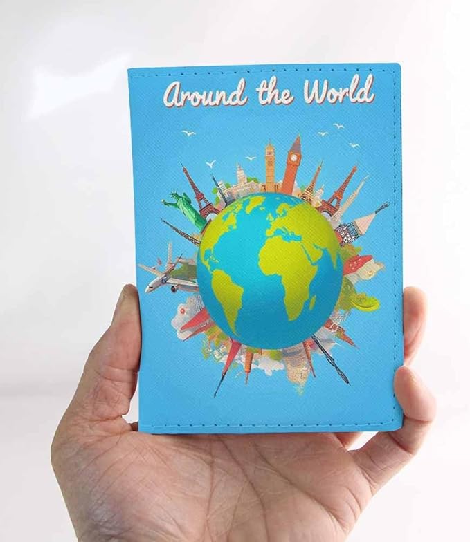 Travel to World Passport Holder for Travel Road Trip Landmarks on the Globe PU Leather Passport Cover Wallet Cute Passport Card Holder for Women and Men
