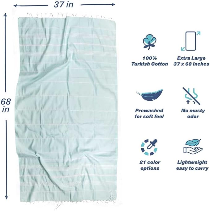 Hencely Turkish Beach Towel 37x68 Oversized, Sand-Free, Quick-Dry, Lightweight - Travel Essential for Pool & Bath - Striped 100% Cotton Bathroom Towels Accessories Gift (Aqua)