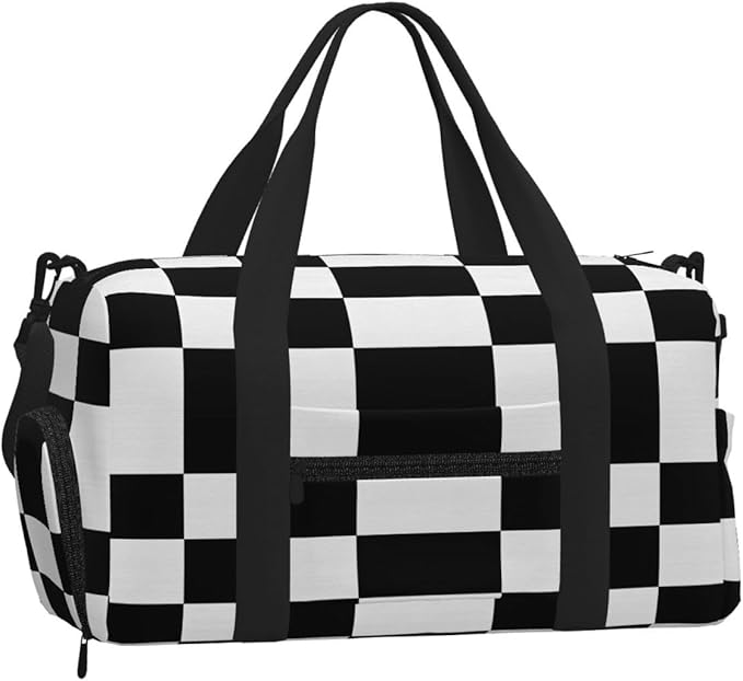 Sports Gym Bag Black White Checkerboard Grid Travel Duffel Bag With Shoe Compartment Shoulder Strap, Lightweight Water-Resistant Weekend Overnight Totes For Women Men