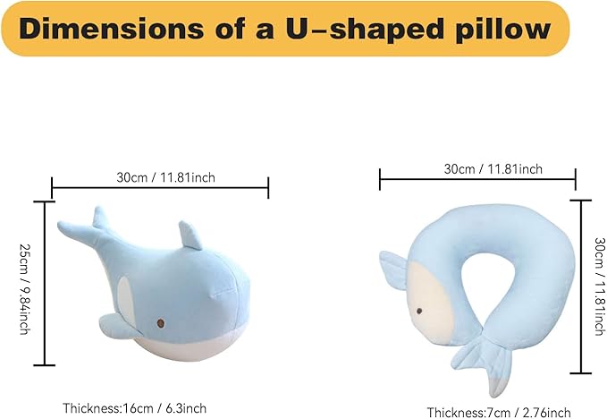 Kids Travel Pillow - 2-in-1 Deformable Kids Neck Pillow for Traveling, Soft U-Shaped Pillow with Adorable Animal Design, Comfy Sleep and Play, Ideal for Airplanes and Cars - Blue Whale