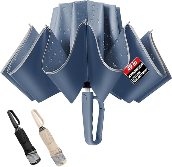 TOPSAIL 10 Ribs Inverted Umbrella with Carabiner Handle, Large Sturdy Folding Umbrellas Windproof for Rain & Sun, 49" Big Reverse Foldadble Umbrella for Travel Portable with Safe Reflective Strip, for Women Men