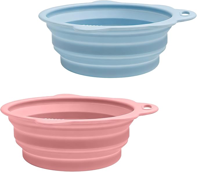 Collapsible Dog Bowls 2 Pack, Silicone Dog Bowl for Small Dogs, Dog Travel Bowl with a Lanyard Hole, Puppy Bowls for Water and Food, Travel Pet Bowls Blue & Pink, 11.3oz × 2