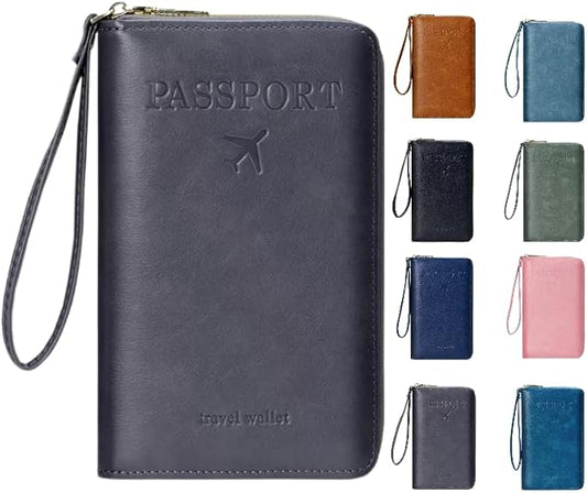 Multi-Functional RFID Passport Wallet,Travel Wallet for Men & Women,With zipper, anti-theft passport holder，Slim Leather Cover for Credit Cards, Tickets, Cash (Grey)