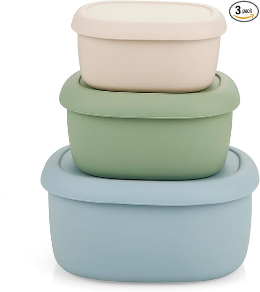 PandaEar 3 Pack Silicone Food Storage Containers with Lids, Reusable Nesting Lunch Bento Box Set, BPA Free, Leakproof, Dishwasher Microwave Freezer Safe (6.7oz, 10oz, 20oz)